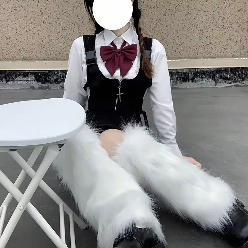 Women'S Artificial Fur Leg Warmers Japanese Lolita Autumn and Winter Black and White Knitted Socks Leg Warmers for Women