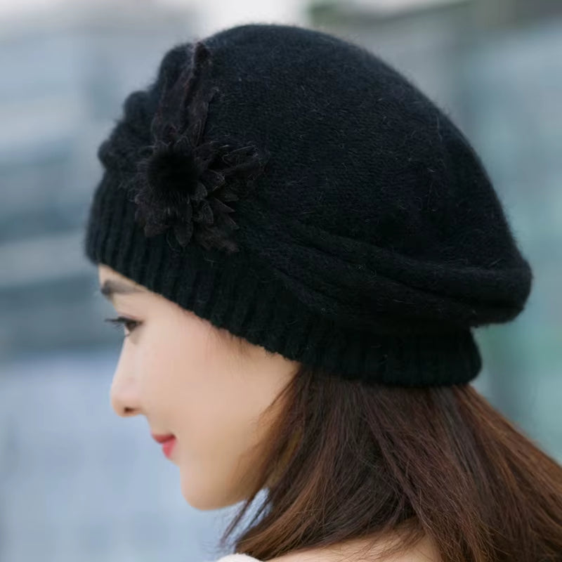 Hat Women'S Winter Flower Hat Thick Beret Warm Knitted Wool Hat Autumn Winter Mom Hat