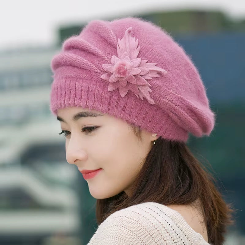 Hat Women'S Winter Flower Hat Thick Beret Warm Knitted Wool Hat Autumn Winter Mom Hat