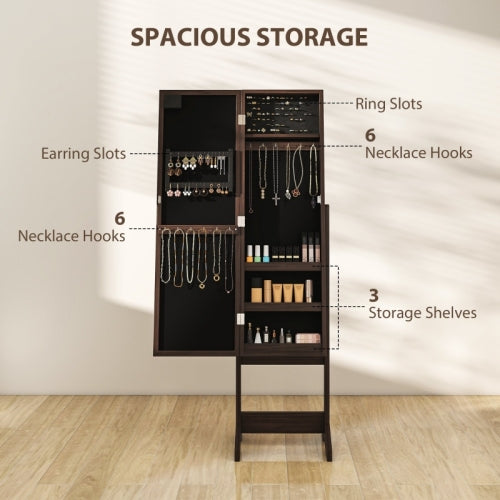 HOMCOM Freestanding Mirrored Jewellery Storage Cabinet - Dark Brown