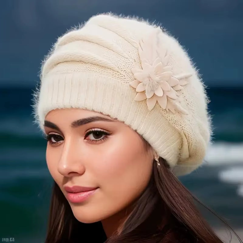 Hat Women'S Winter Flower Hat Thick Beret Warm Knitted Wool Hat Autumn Winter Mom Hat