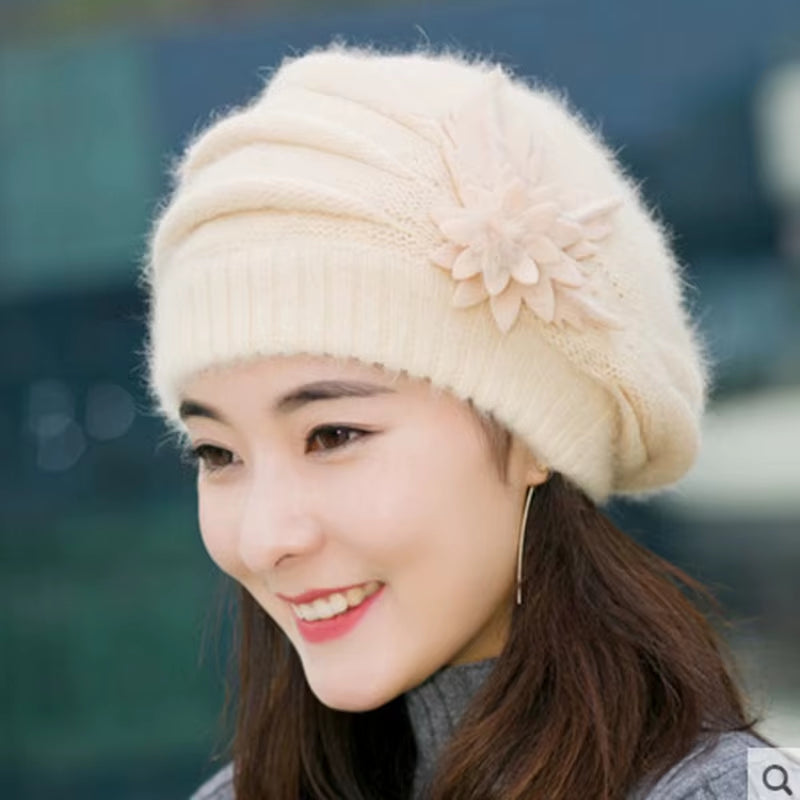 Hat Women'S Winter Flower Hat Thick Beret Warm Knitted Wool Hat Autumn Winter Mom Hat
