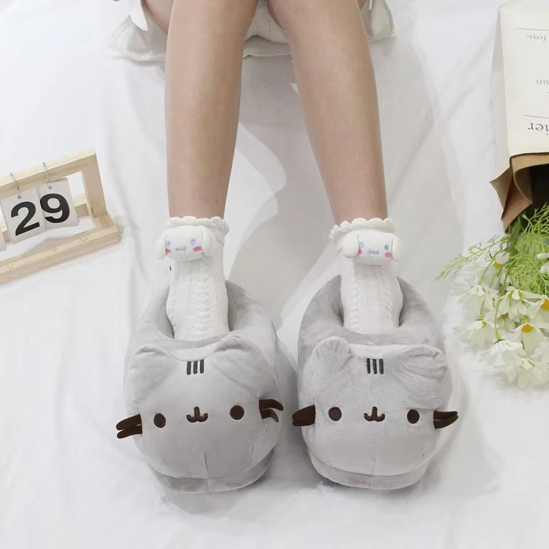 Cartoon Full Covered Cat Slippers Warm Winter Slides Soft Plush Doll Indoor Cute Anime Bedroom Shoes Home Use