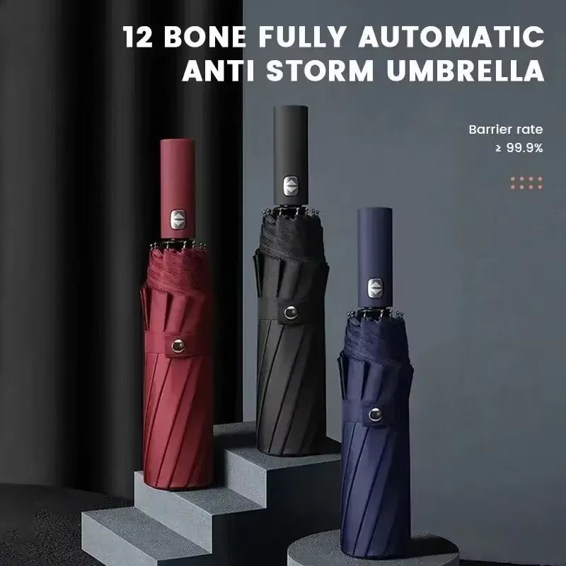 12 Bone Black Glue Fully Automatic Umbrella - Thick Durable Three-Fold UV Resistant Folding Design for Protection and Style