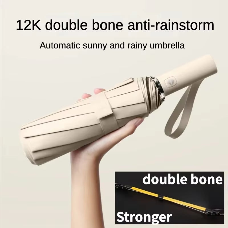 12 Bone Black Glue Fully Automatic Umbrella - Thick Durable Three-Fold UV Resistant Folding Design for Protection and Style