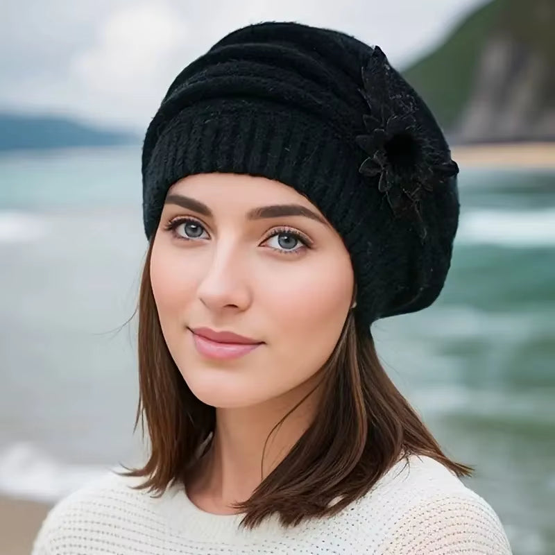 Hat Women'S Winter Flower Hat Thick Beret Warm Knitted Wool Hat Autumn Winter Mom Hat