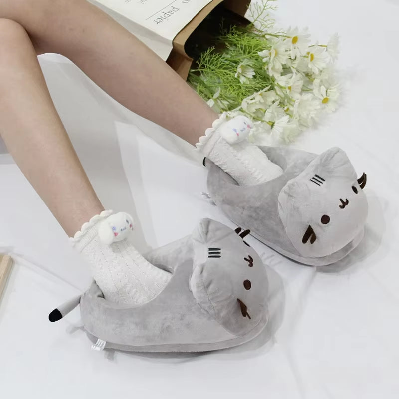 Cartoon Full Covered Cat Slippers Warm Winter Slides Soft Plush Doll Indoor Cute Anime Bedroom Shoes Home Use